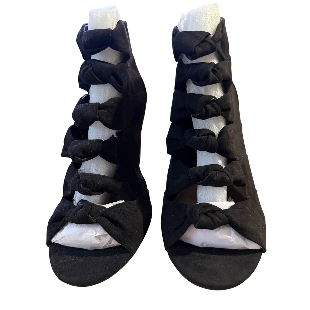 Black‎ Suede Bow Gladiator Heels Open Toe Zipper Ankle Boots Women's Size 8.5